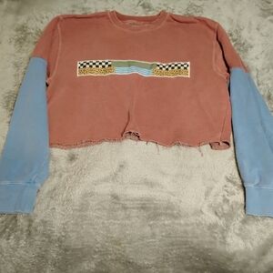 Cropped Dusty Rose and Blue Sweatshirt with Checkered Patch